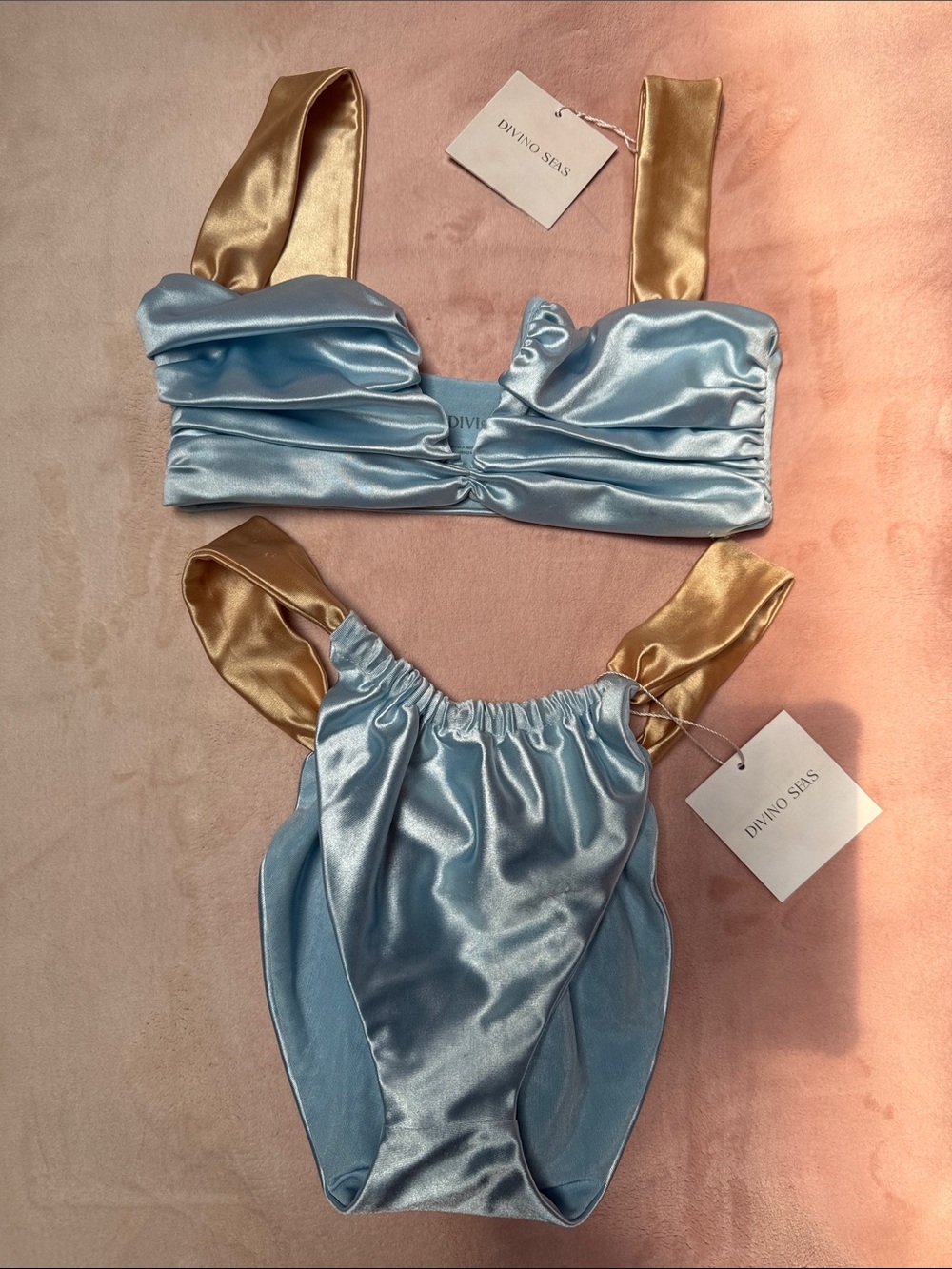 Divino Seas Light Blue & Gold Satin Ruched Bikini